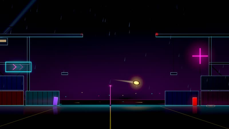 Neon Harbor: container stacks, cranes and a pink neon plus sign in the rain.