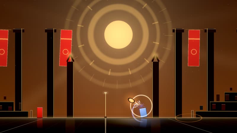 Solar Court: a golden amphitheatre with crimson banners under a huge sun emblem.