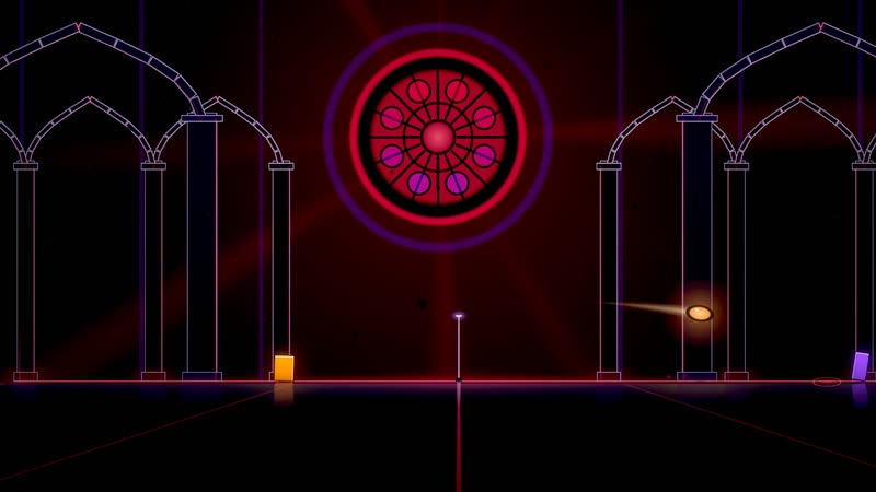 Void Cathedral: a crimson rose window over gothic arches.