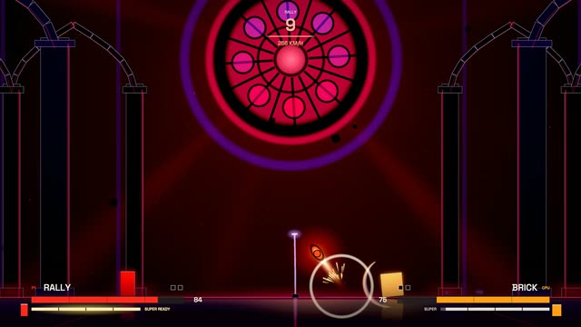A white-hot ball streaks across the Void Cathedral after a hard hit.