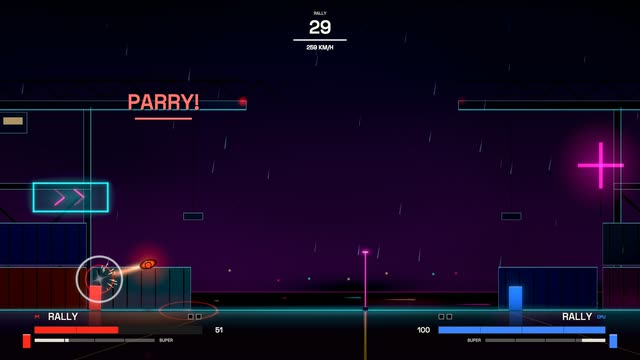 A PARRY! callout as a fast ball is sent back at Neon Harbor.