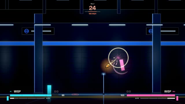 A fighter spikes from a double jump on the Midnight Transit platform.