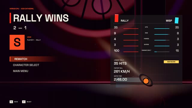 Results screen: RALLY wins 2 to 1 with an S grade and the fastest ball in km/h.