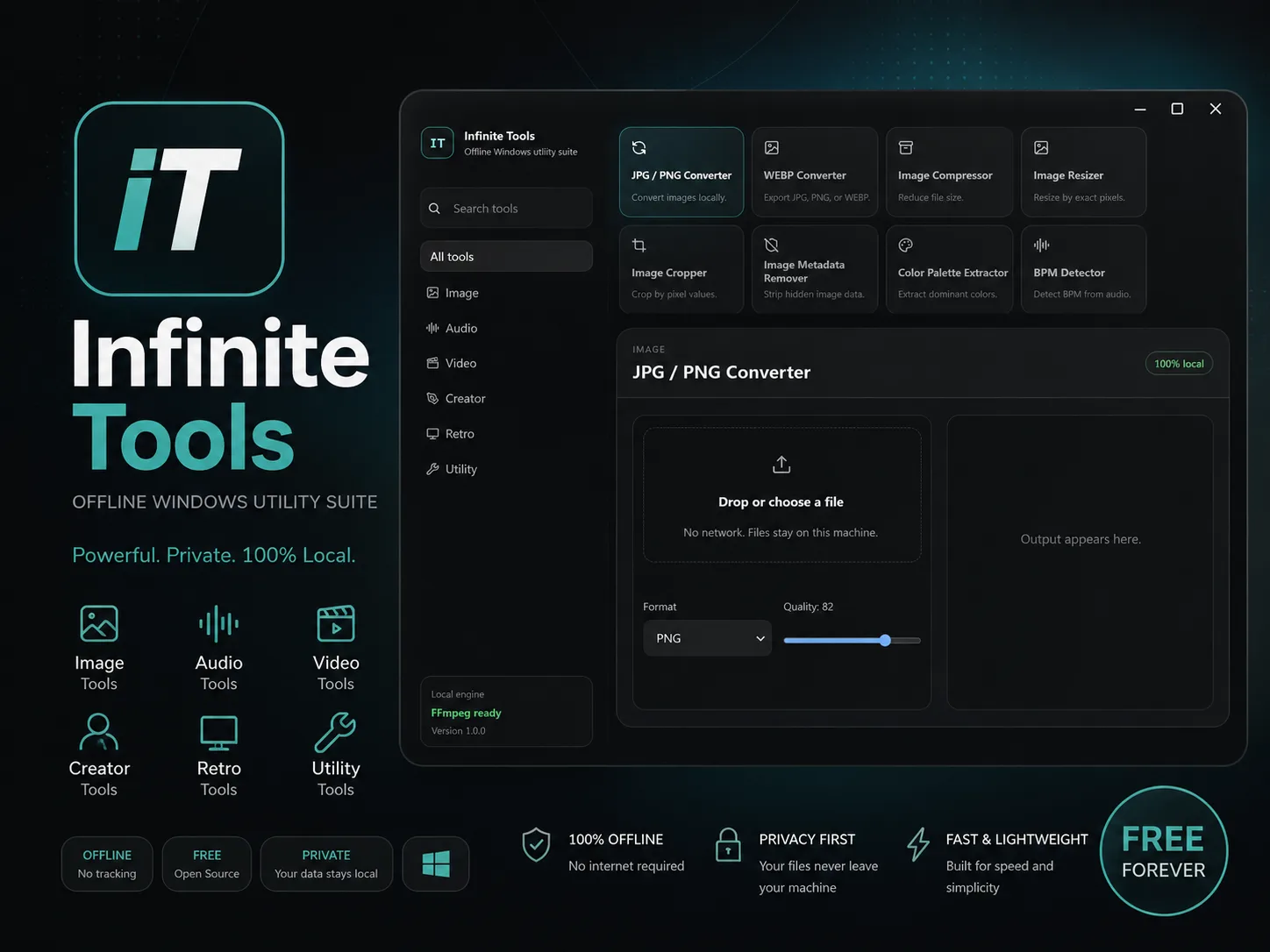 Infinite Tools offline Windows utility suite interface